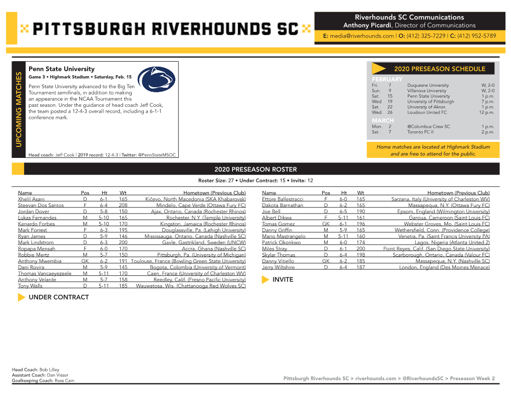 Riverhounds SC Communications UPCOMING MA TCHES