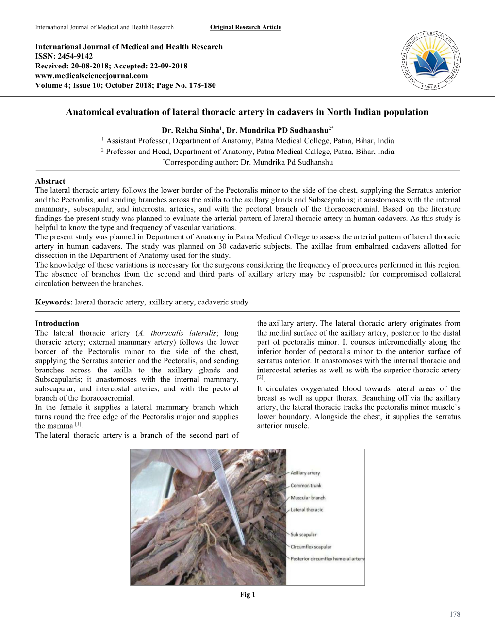 Anatomical Evaluation of Lateral Thoracic Artery in Cadavers in North Indian Population