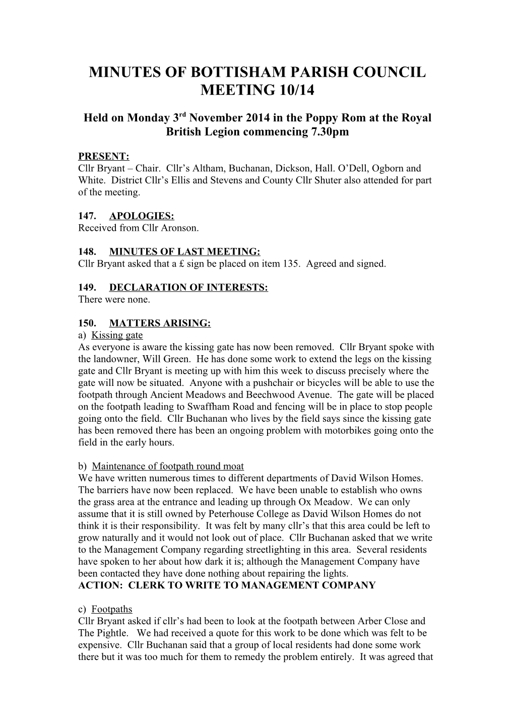 Minutes of Bottisham Parish Council Meeting 10/14