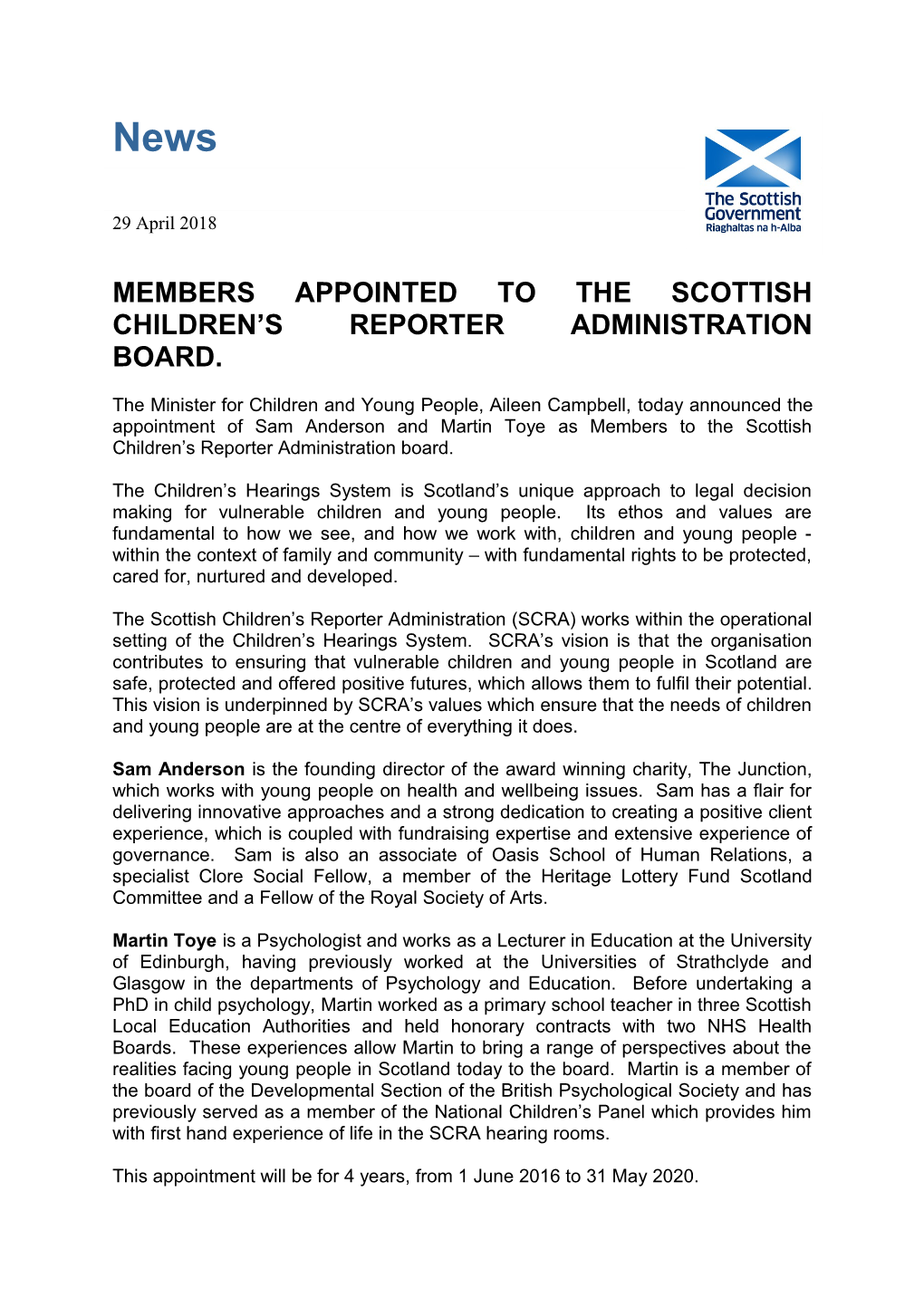 Members Appointed to the Scottish Children S Reporter Administration Board