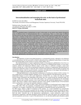 Original Article Internationalization and Managing Diversity on the Basis of Professional Basketball Clubs