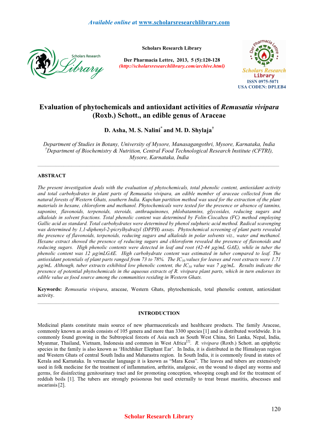 Evaluation of Phytochemicals and Antioxidant Activities of Remusatia Vivipara (Roxb.) Schott., an Edible Genus of Araceae