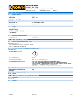 Wash N Wax Safety Data Sheet According to the Hazardous Products Regulation (February 11, 2015)