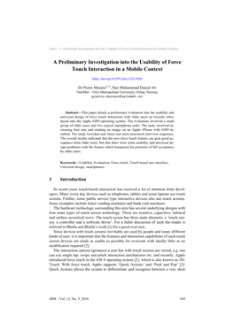 A Preliminary Investigation Into the Usability of Force Touch Interaction in a Mobile Context