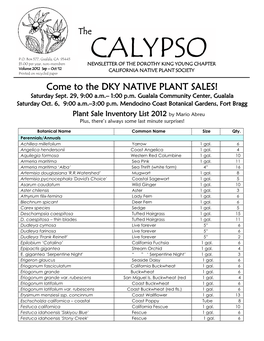 CALYPSO $5.00 Per Year, Non-Members NEWSLETTER of the DOROTHY KING YOUNG CHAPTER Volume 2012 Sep – Oct ‘12 CALIFORNIA NATIVE PLANT SOCIETY