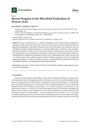 Recent Progress in the Microbial Production of Pyruvic Acid