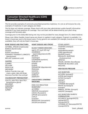 Consumer Directed Healthcare (CDH) Preventive Medicine List