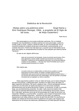 Notas Sobre Una Polémica Entre Ángel Rama Y Emir Rodríguez Monegal, 1964, a Propósito De El Siglo De Las Luces, De Alejo Carpentier) *