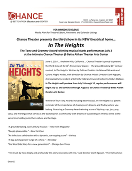 In the Heights the Tony and Grammy Award-Winning Musical Starts Performances July 3 at the Intimate Chance Theater @ Bette Aitken Theater Arts Center