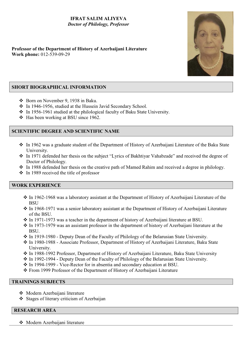 Curriculum Vitae Information Form