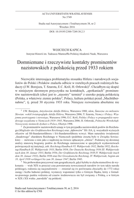 Domniemane I Rzeczywiste Kontakty Prominentów Nazistowskich Z Polskością Przed 1933 Rokiem