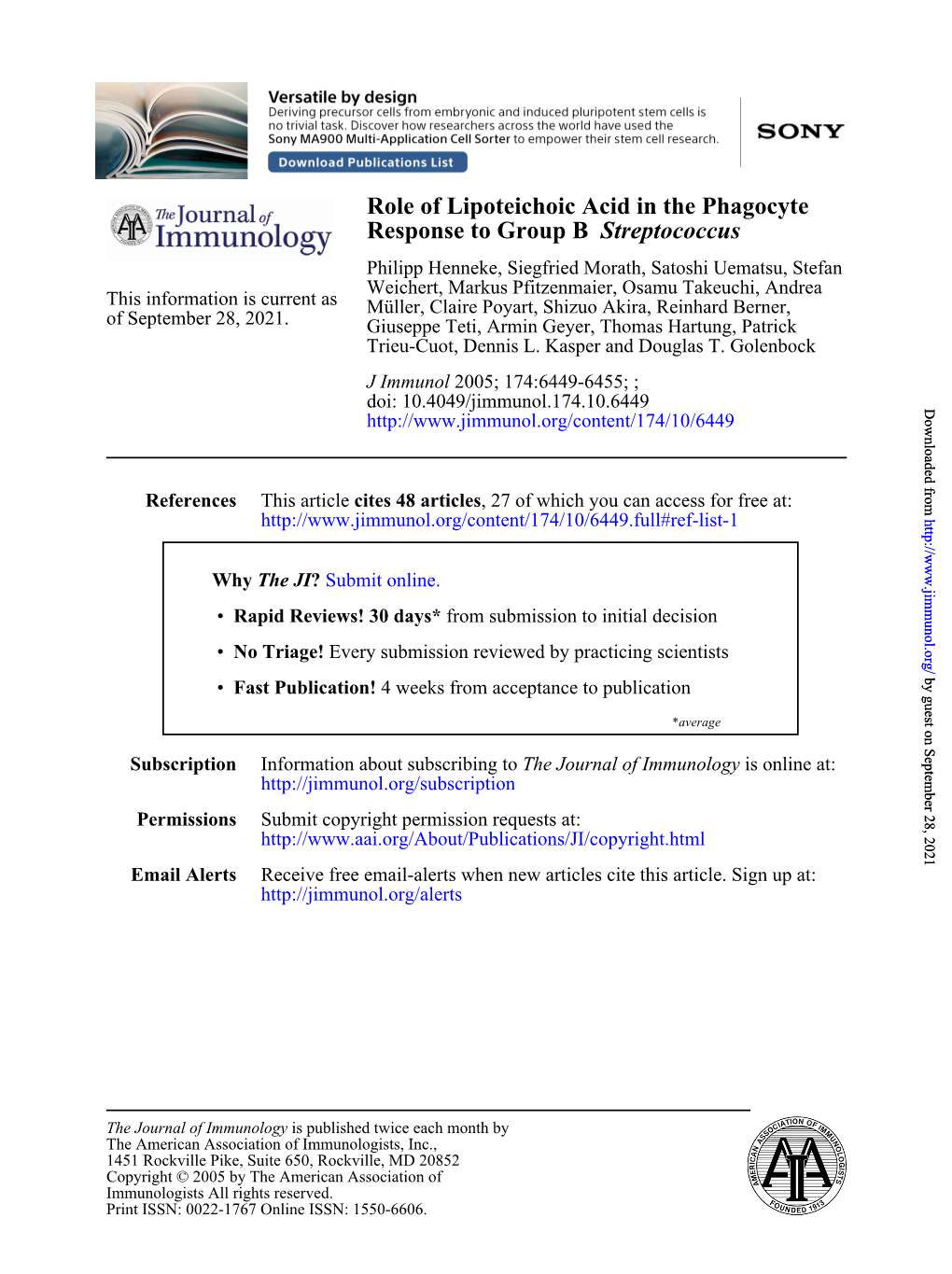 Streptococcus Response to Group B Role of Lipoteichoic Acid in The