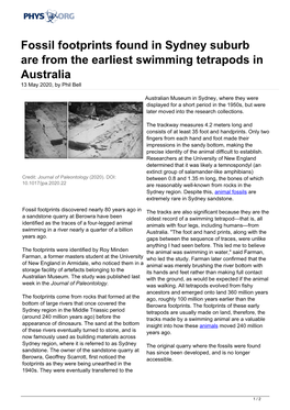 Fossil Footprints Found in Sydney Suburb Are from the Earliest Swimming Tetrapods in Australia 13 May 2020, by Phil Bell