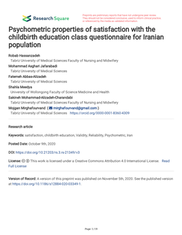 Psychometric Properties of Satisfaction with the Childbirth Education Class Questionnaire for Iranian Population