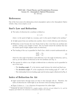 References: Snel's Law and Refraction Index of Refraction For