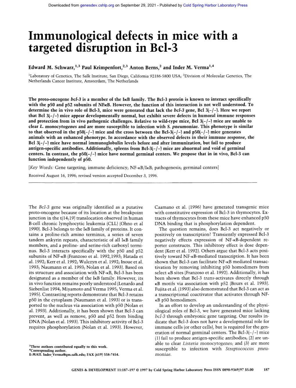 Immunological Defects in Mice with a Targeted Disruption in Bcl-3