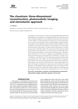 The Claustrum: Three-Dimensional Reconstruction, Photorealistic Imaging, and Stereotactic Approach