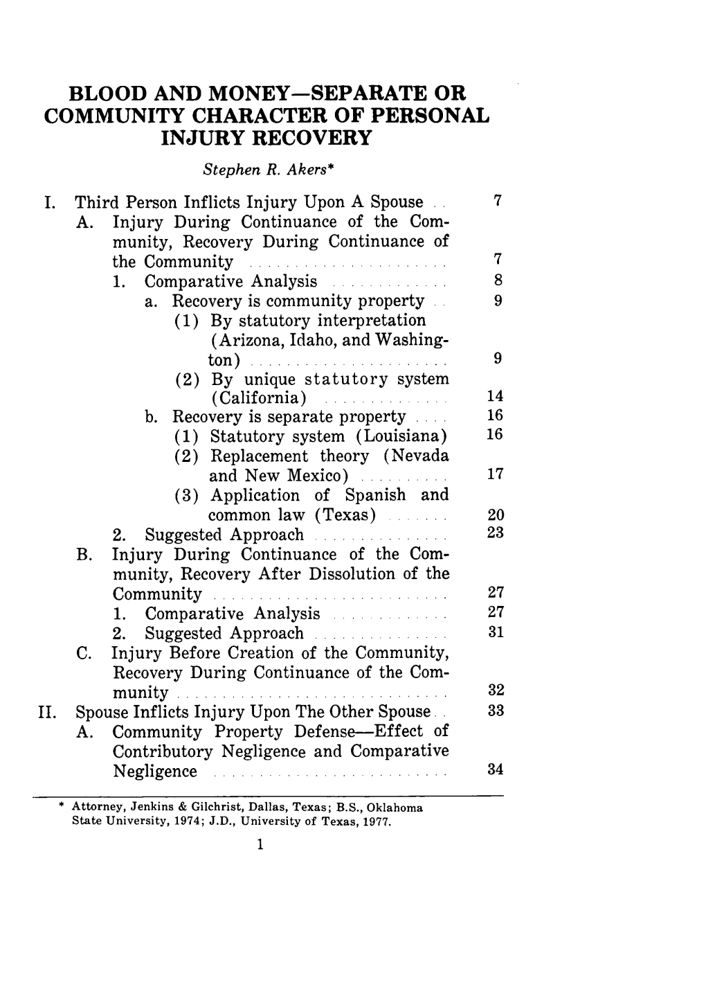 SEPARATE OR COMMUNITY CHARACTER of PERSONAL INJURY RECOVERY Stephen R