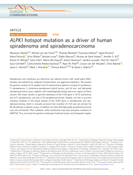 ALPK1 Hotspot Mutation As a Driver of Human Spiradenoma and Spiradenocarcinoma