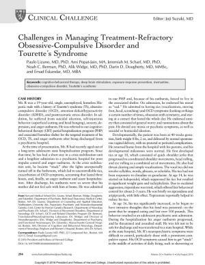 Challenges in Managing Treatment-Refractory Obsessive-Compulsive Disorder and Tourette’S Syndrome Paulo Lizano, MD, Phd, Ami Popat-Jain, MA, Jeremiah M