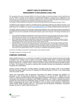 Liberty Health Sciences Inc. Management's Discussion