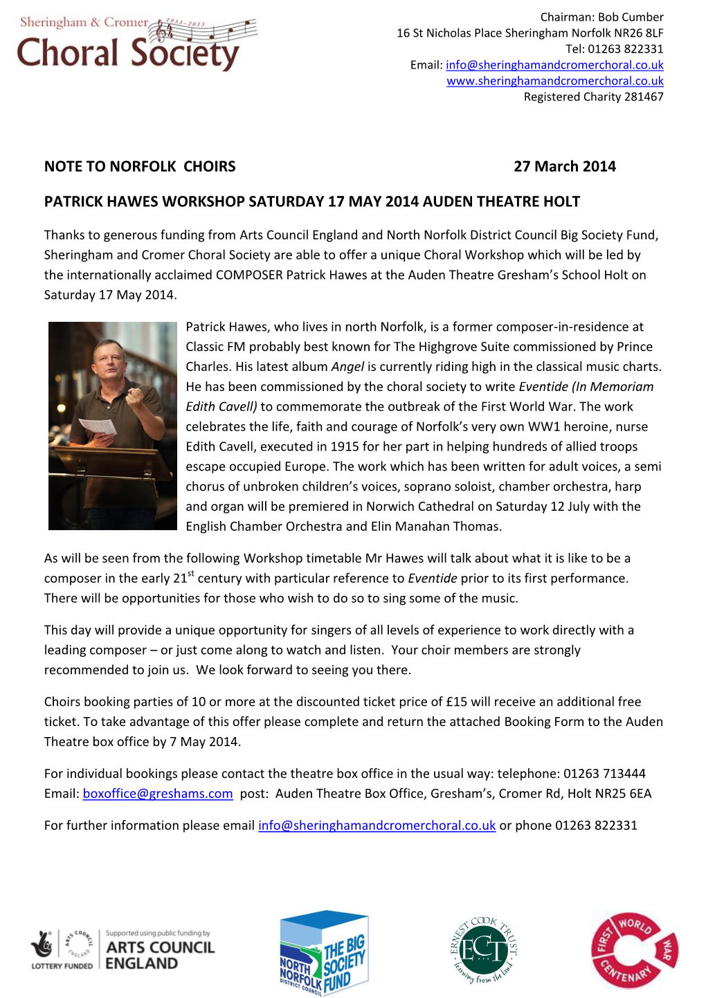 NOTE to NORFOLK CHOIRS 27 March 2014 PATRICK