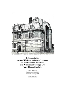 Dokumentation Zu Vom NS-Staat Verfolgten Personen Im Frankfurter Kinderhaus Der Weiblichen Fürsorge E