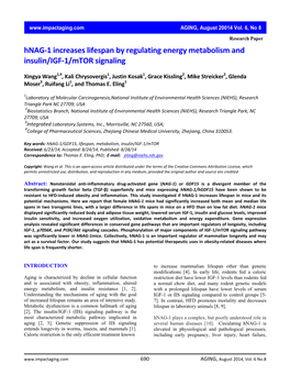 Hnag-1 Increases Lifespan by Regulating Energy Metabolism And