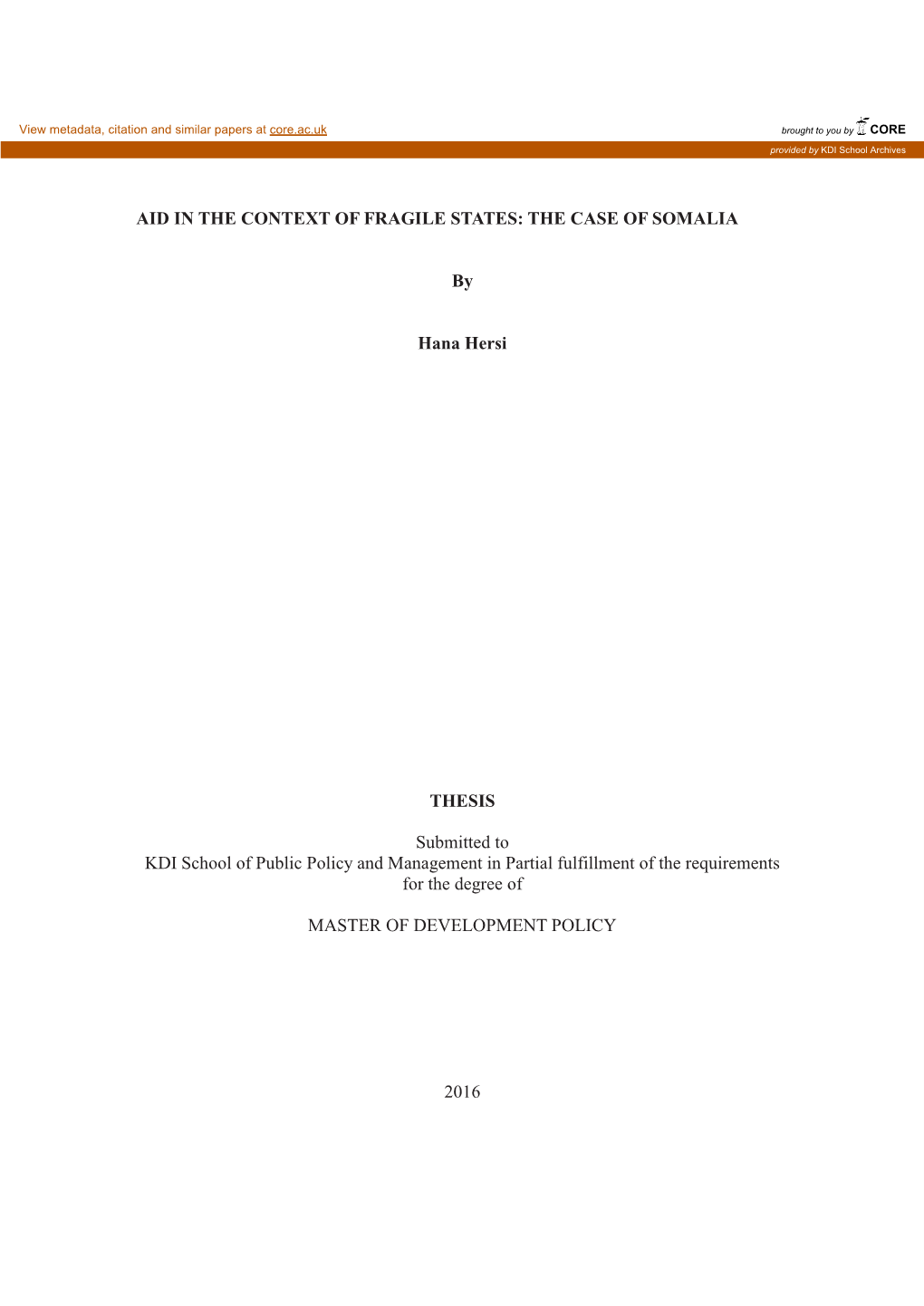 Aid in the Context of Fragile States: the Case of Somalia