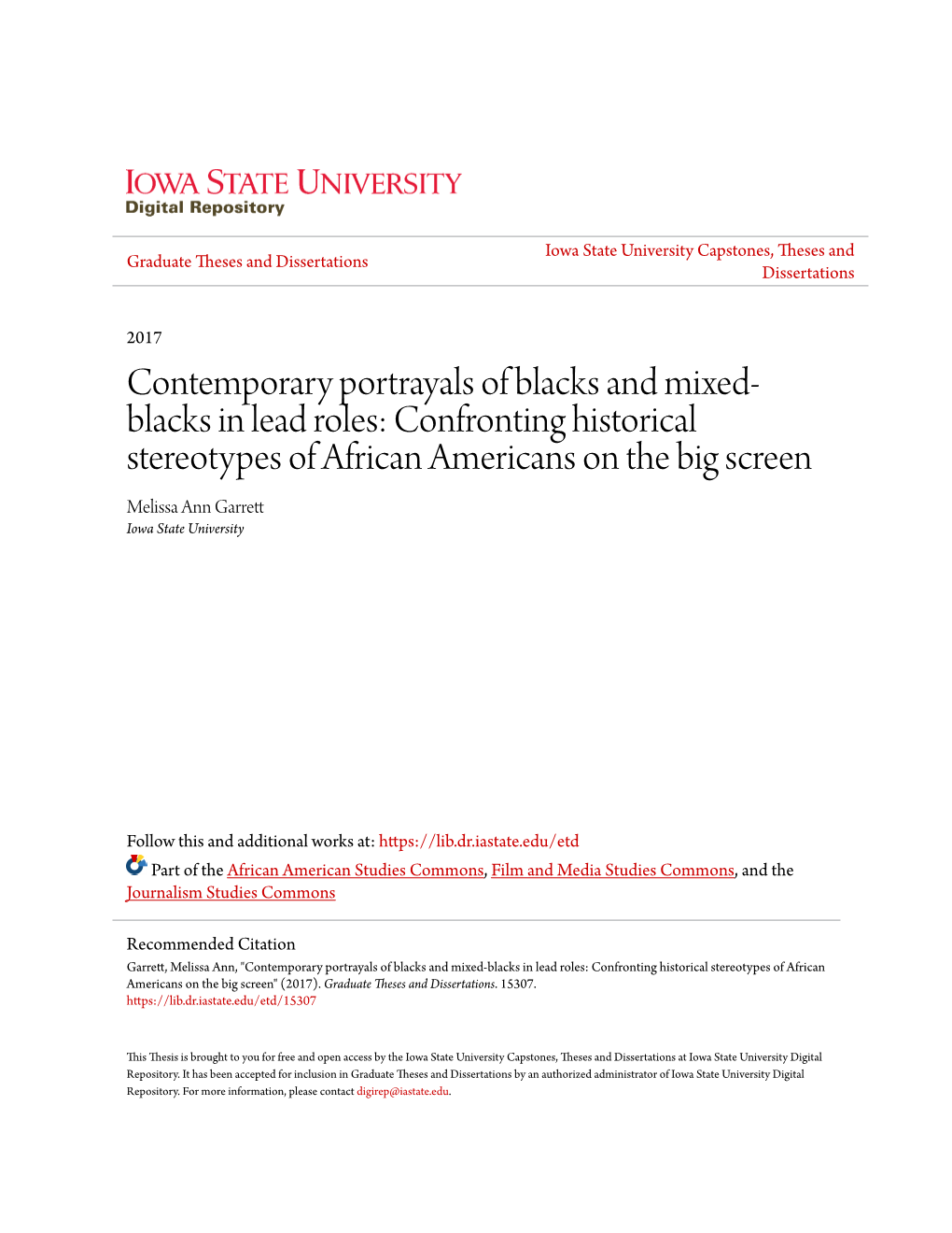 Confronting Historical Stereotypes of African Americans on the Big Screen Melissa Ann Garrett Iowa State University