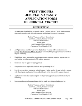 WEST VIRGINIA JUDICIAL VACANCY APPLICATION FORM 8Th JUDICIAL CIRCUIT