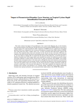 Impact of Parameterized Boundary Layer Structure on Tropical Cyclone Rapid Intensiﬁcation Forecasts in HWRF