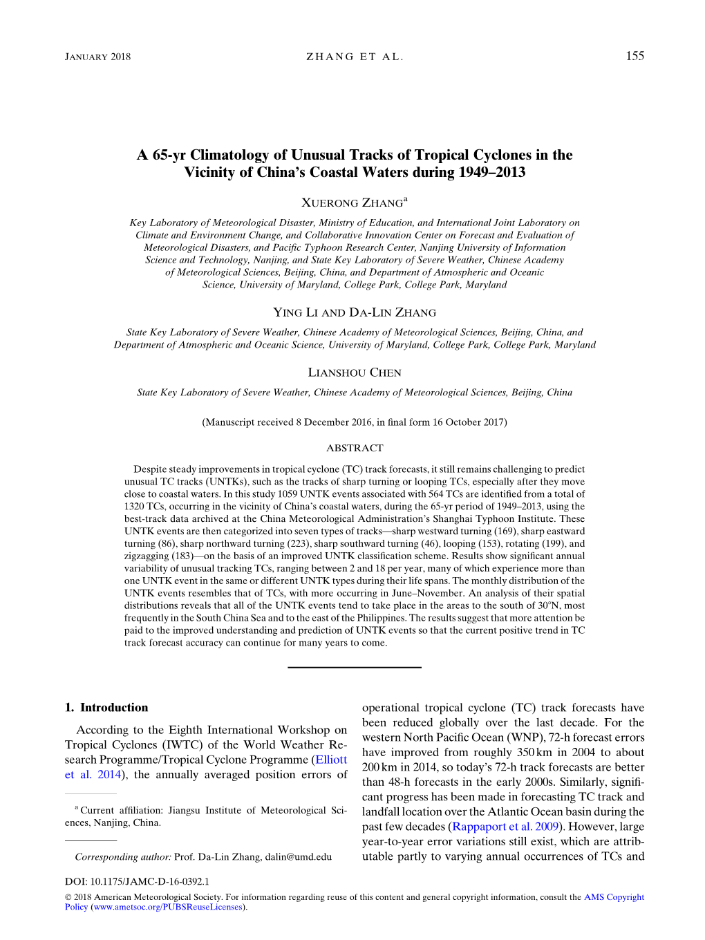 A 65-Yr Climatology of Unusual Tracks of Tropical Cyclones in the Vicinity of China’S Coastal Waters During 1949–2013