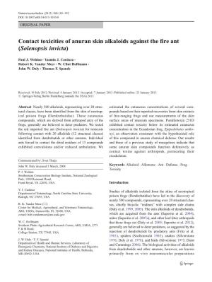 Contact Toxicities of Anuran Skin Alkaloids Against the Fire Ant (Solenopsis Invicta)
