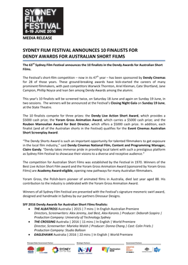 Sydney Film Festival Announces 10 Finalists for Dendy Awards for Australian Short Films