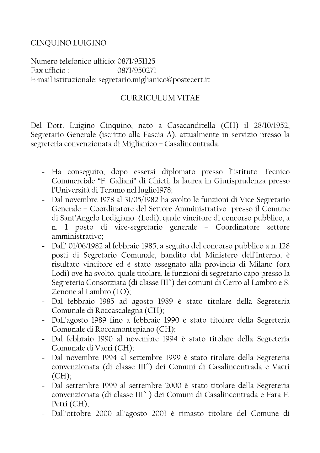 Curriculum Segretario Comunale