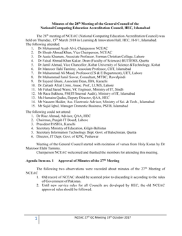 Minutes of the 28Th Meeting of the General Council of the National Computing Education Accreditation Council, HEC, Islamabad