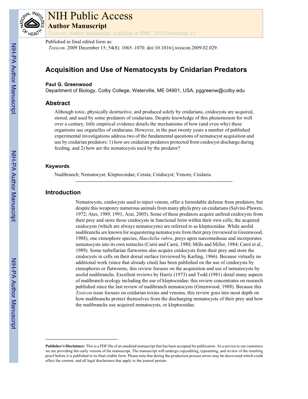 NIH Public Access Author Manuscript Toxicon