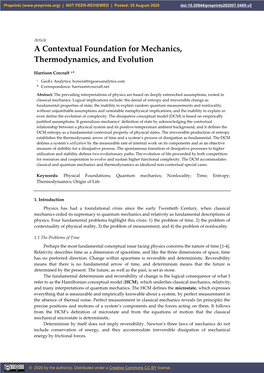 A Contextual Foundation for Mechanics, Thermodynamics, and Evolution