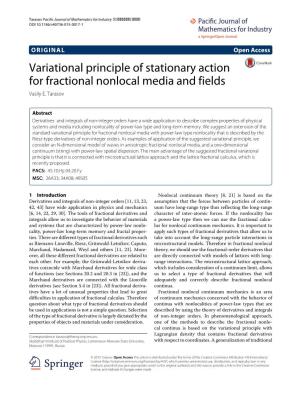 Variational Principle of Stationary Action for Fractional Nonlocal Media and Fields Vasily E