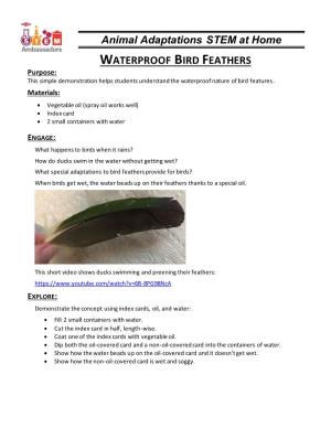 WATERPROOF BIRD FEATHERS Purpose: This Simple Demonstration Helps Students Understand the Waterproof Nature of Bird Features