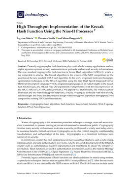 High Throughput Implementation of the Keccak Hash Function Using the Nios-II Processor †
