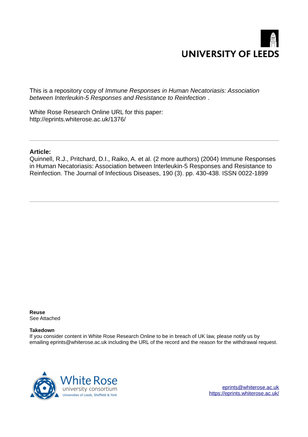 Immune Responses in Human Necatoriasis: Association Between Interleukin-5 Responses and Resistance to Reinfection