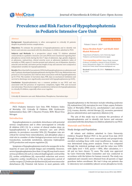 Prevalence and Risk Factors of Hypophosphatemia in Pediatric Intensive Care Unit