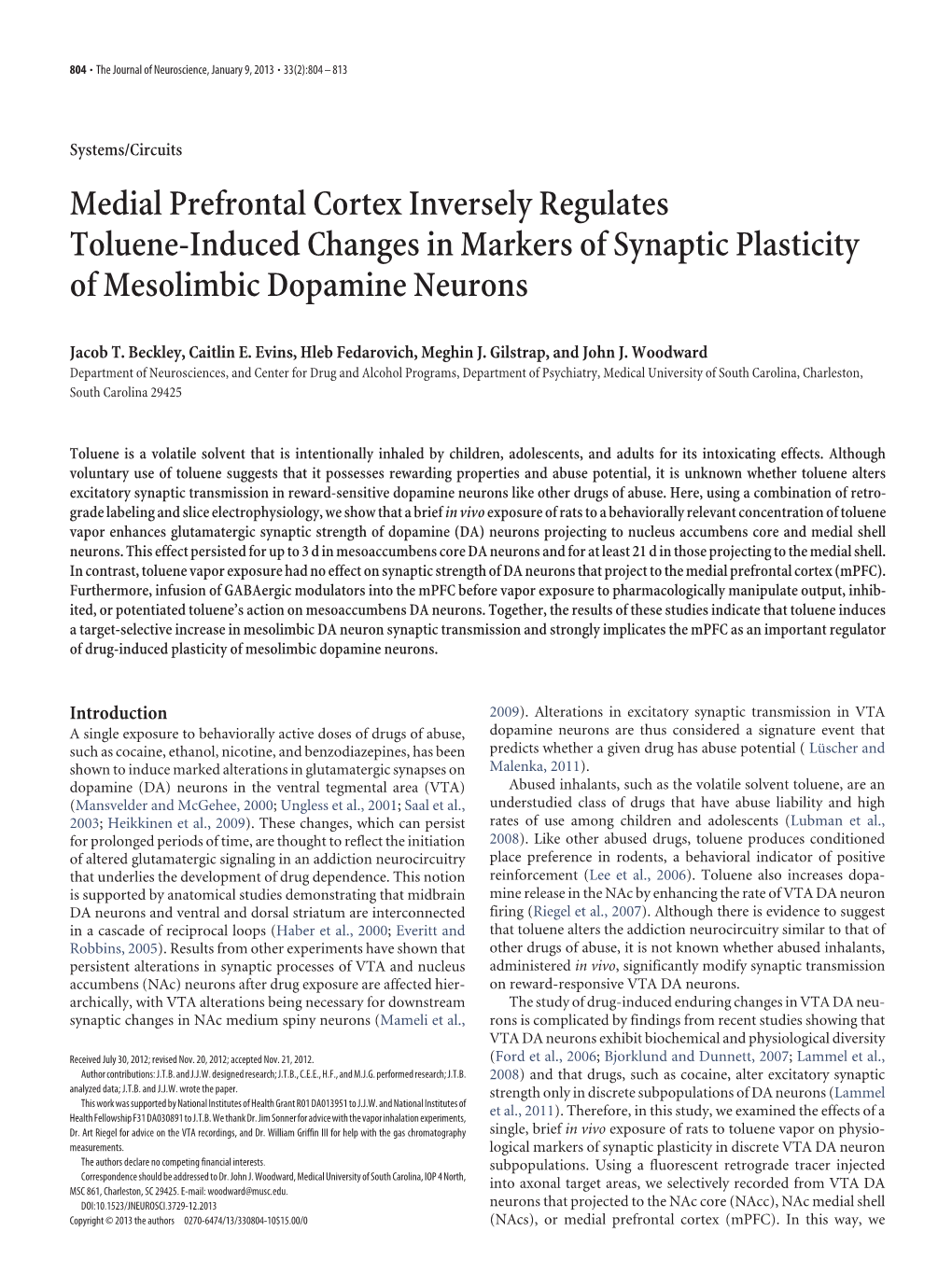 Medial Prefrontal Cortex Inversely Regulates Toluene-Induced Changes in Markers of Synaptic Plasticity of Mesolimbic Dopamine Neurons