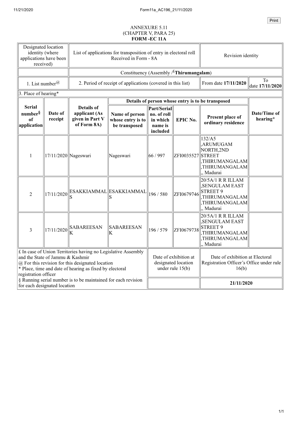 (CHAPTER V, PARA 25) FORM -EC 11A Designated Location Identity