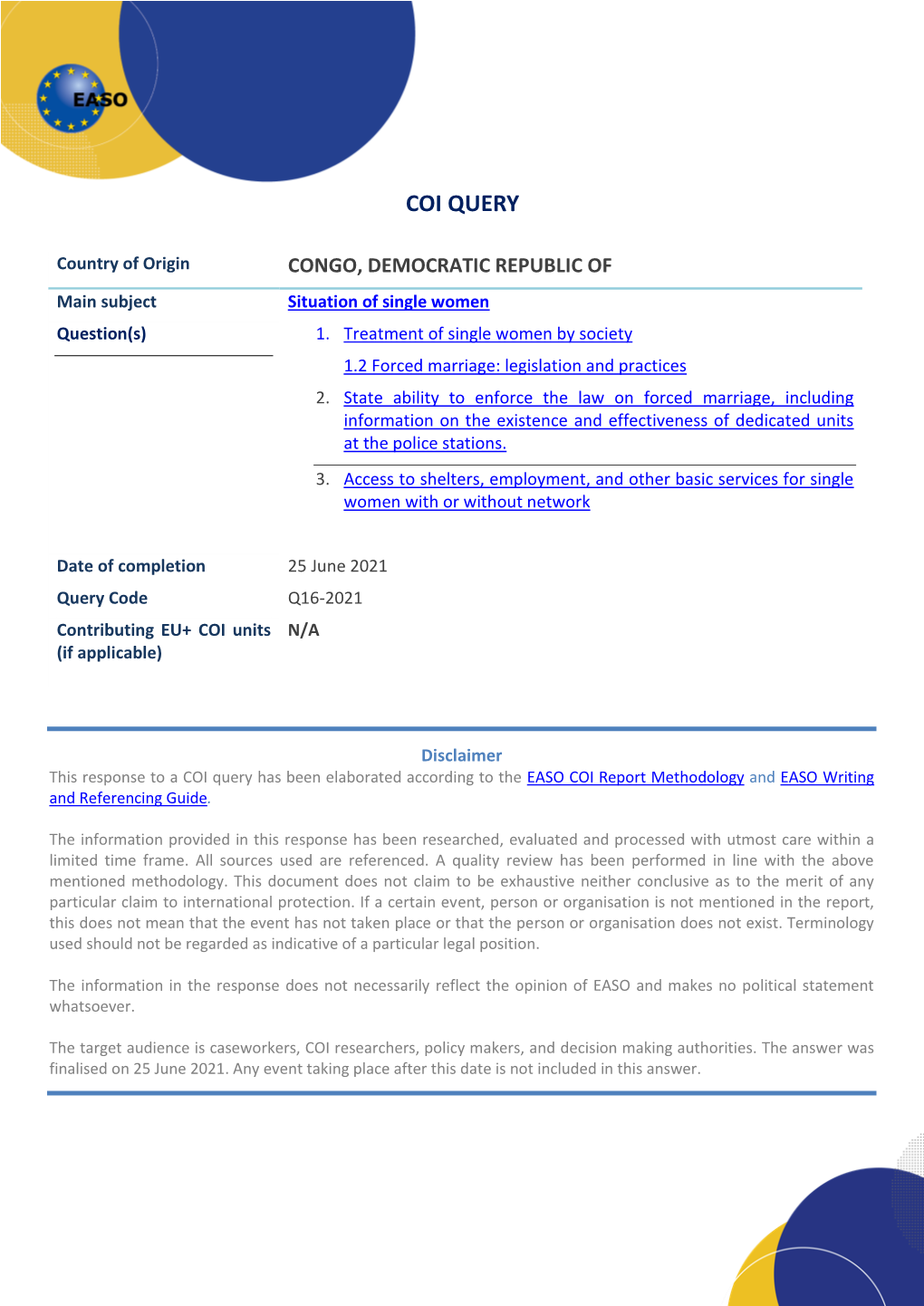 EASO COI Query Response Published on 7 November 2019