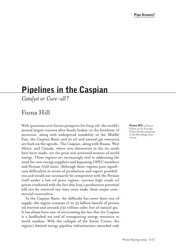 Pipelines in the Caspian Catalyst Or Cure-All? Fiona Hill