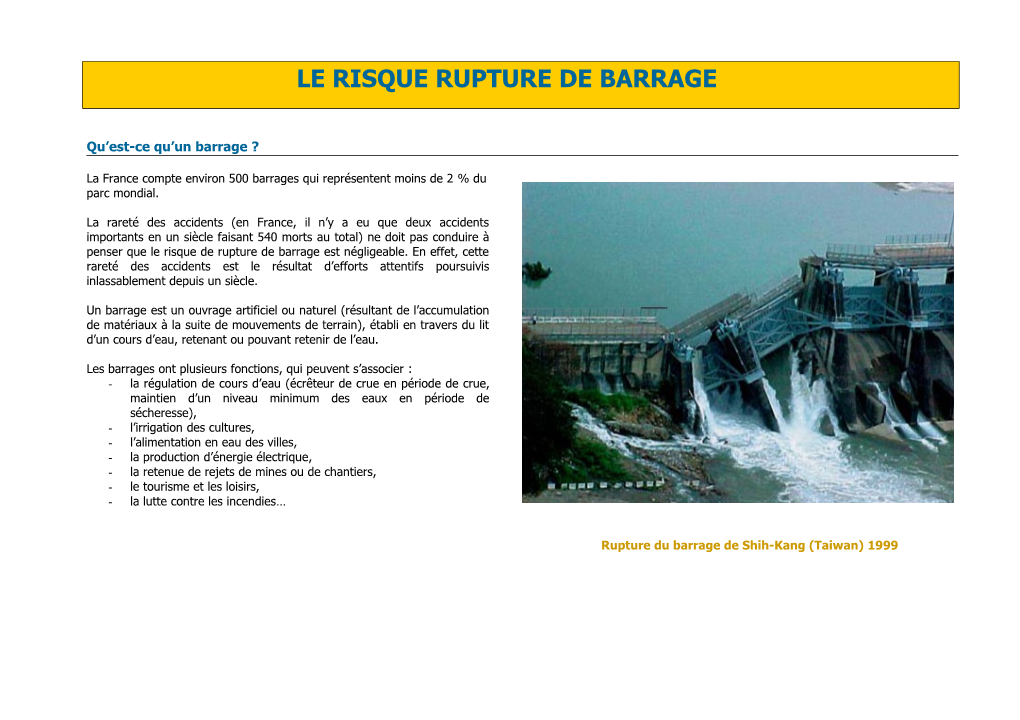 Le Risque Lie a La Rupture De Barrage