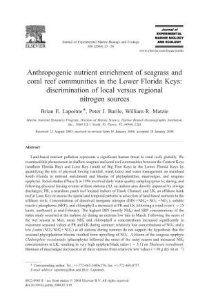 Anthropogenic Nutrient Enrichment of Seagrass and Coral Reef Communities in the Lower Florida Keys: Discrimination of Local Versus Regional Nitrogen Sources